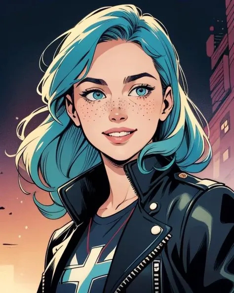 a cartoon girl with blue hair and a black jacket