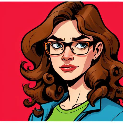 illustration, ugly looking woman, brunette, portrait, nerdy, thick glasses, bushy eyebrows, big nose, thin lips, long curly hair, bad face, hag, 2D flat, colored illustration, graphic novel style, cross hatching, inked, comic style, by phil noto and todd m...