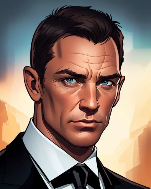 Digital comic painting, of James Bond, portrait, 2D, digital artwork, detailed, sharp, HD, HDR, 8K, best quality, best resolution