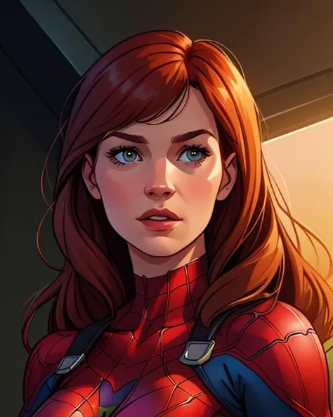 Digital comic painting, of Mary Jane Watson, portrait, 2D, digital artwork, detailed, sharp, HD, HDR, 8K, best quality, best resolution