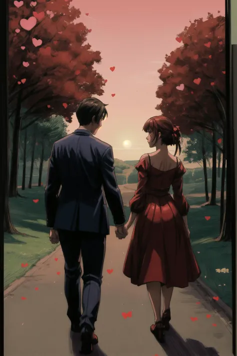 love, couple, moonlight, cartoon, hearts, holding hand, trees, bright lights, Anime style, ultra HD, red dress, man suit, (a lot of big red heart in the air:1.3), A couple sharing a loving moment under a sunset, holding a roses, taking a walk outside on a ...