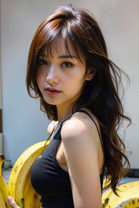 (best quality:1.4), (ultra highres:1.2), (photorealistic:1.4), (8k, RAW photo:1.2),(portrait shot:1.3), iamrachellz, 1girl, bare shoulders, black hair, breasts, holding, (banana:1.4), holding fruit, lips, midriff, long hair, solo, upper body, black tank to...