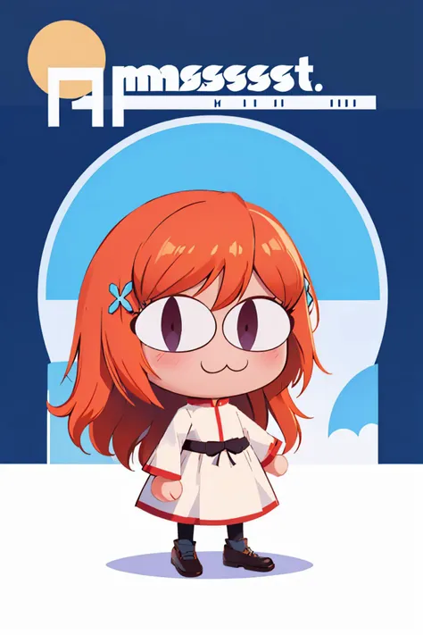 a cartoon girl with red hair and glasses standing in front of a blue sky