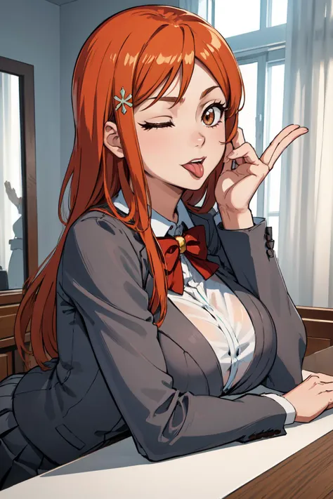 anime girl with red hair and a bow tie sitting at a desk