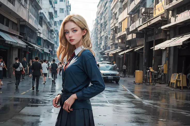 (masterpiece,best quality:1.5), Ultra-realistic 8k CG, (photorealistic:1.2),HDR,RAW photo,film grain,
highly detailed background,
1girl,  european girl, blonde hair, long hair, blue eyes, school uniform, serafuku,
street,saigon, 
 <lora:saigon:0.6>