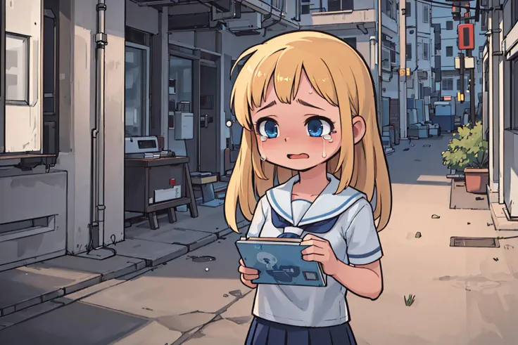 (masterpiece,best quality:1.5), Ultra-realistic 8k CG, (photorealistic:1.2),HDR,RAW photo,
highly detailed background,
1girl,  european girl, blonde hair, long hair, blue eyes, school uniform, serafuku, tears,
street,saigon, 
 <lora:saigon:0.6>