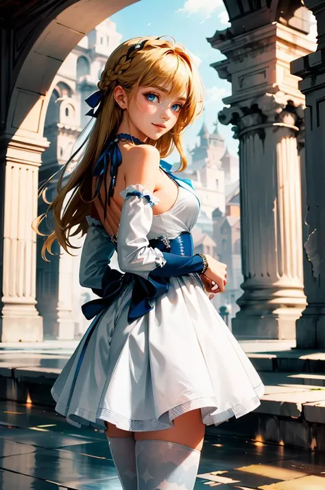 column lineup, white ruins, white and blue theme, <lora:b34t_instograph_v2:-0.7>, ultra detailed, masterpiece, best quality,, solo, soft smile, light smile,
1girl, blue eyes, very long hair, blonde hair, long blonde hair, french braid, bangs, medium breast...