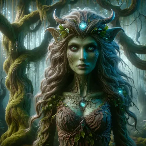 ral-mythcr,a Grove Guardian Dryad, a tree spirit whose body is intertwined with the bark and branches of ancient oaks. It watches over the forest, its leafy hair rustling in the wind, and its eyes glowing with the wisdom of the ages,tranzp,GhostlyStyle,<lo...