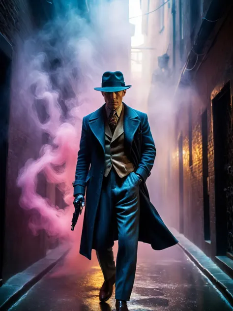 Abstract style, 1man, 1930s private detective stood in a smoke-filled alleyway, tranzp, best quality, ultra high res, colors and shapes, expression of feelings, imaginative, highly detailed <lora:tranzp-sdxl:1>,neon veins across body clothes skin hat ,