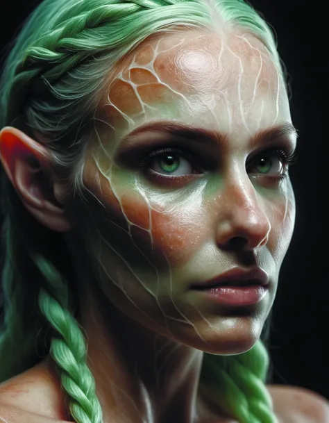 a close up of a woman with green hair and a white face