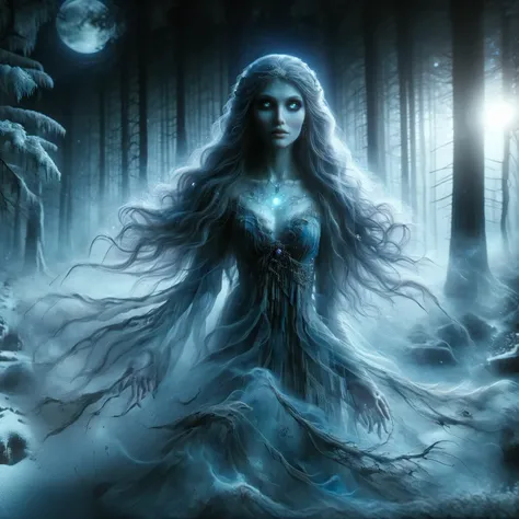 a woman in a blue dress is standing in the woods