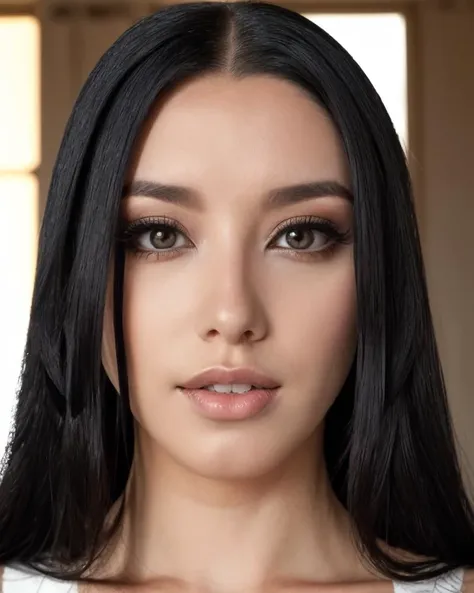 a close up of a woman with long black hair and a white top