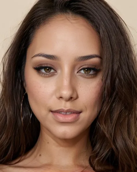 a close up of a woman with long hair and a pink top