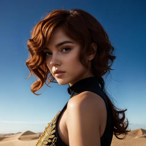 a close up of a woman in a black dress in the desert