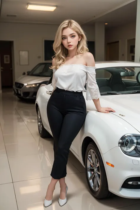 a woman in a white top and black pants standing next to a white car