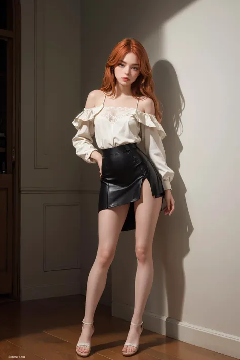 a woman in a white blouse and black leather skirt posing for a picture