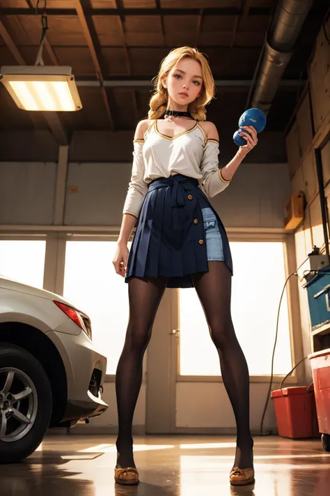 arafed woman in a skirt holding a blue ball in a garage