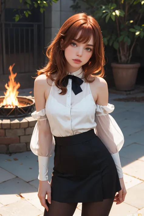 a woman in a white blouse and black skirt posing for a picture