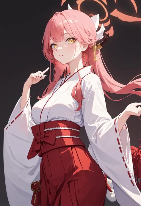 best quality, masterpiece, highres, solo, (aru_bluearchive:1.10), (white kimono:1.35), (red hakama:1.35), (wide sleeves:1.20), 27 <lora:aru_bluearchive:0.80>