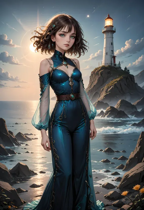 steampunk style a 32 year old woman with long, curly brown hair and piercing green eyes stands confidently on the rocky coastline, her gaze fixed on the lighthouse in the distance. she wears a flowing, hand painted silk jumpsuit in shades of indigo and tur...