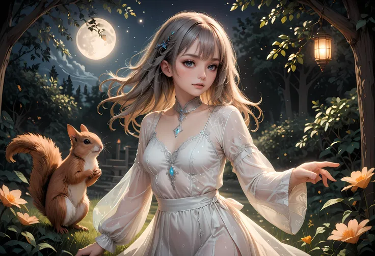 isometric style a 32 year old woman with long, curly brown hair walks through the moonlit garden holding a squirrel, her footsteps silent on the soft grass. she wears a flowing, asymmetrical tunic made of shimmering silk, its fabric embroidered with delica...