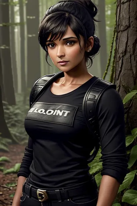 dilsh4d_v4ds4r1a, photo of a beautiful woman, wearing a combat jacket, ((t-shirt)), and pants, ((hair in messy bun)), (forest background), portrait, close-up, high quality, perfect lighting