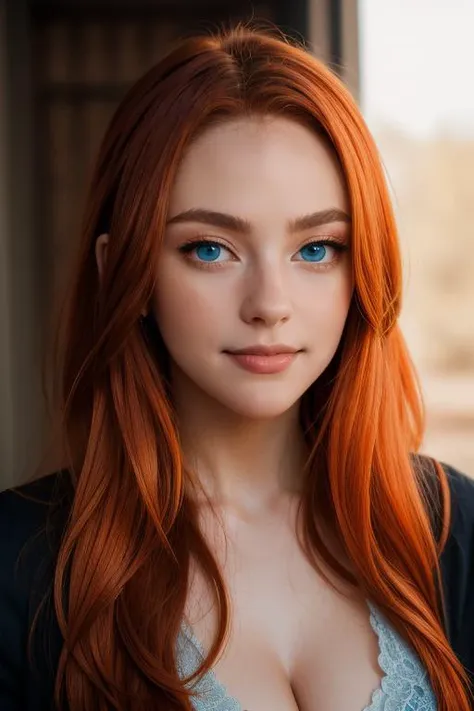 a woman with red hair and blue eyes posing for a picture