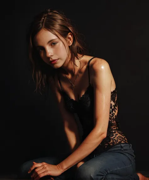 a woman in a black top and jeans sitting on a wooden floor