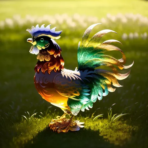 brightly colored rooster standing in a grassy field with flowers