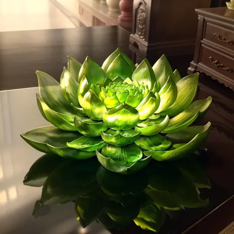 a (green glaze, transparent) lotus flower and lotus leaf, flower inserted into the vase, (solo:1.2), <lora:colouredglazecd-000007:0.8>, colouredglazecd, no humans, high quality, masterpiece, realistic, photorealistic, long-focus, (indoors, on table:1.2),