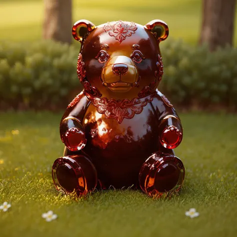 there is a red bear statue sitting in the grass