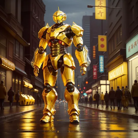 araffe in a suit of gold standing on a city street