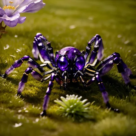 purple spider sitting on grass with a flower in the background