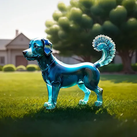 there is a blue dog statue in the grass outside