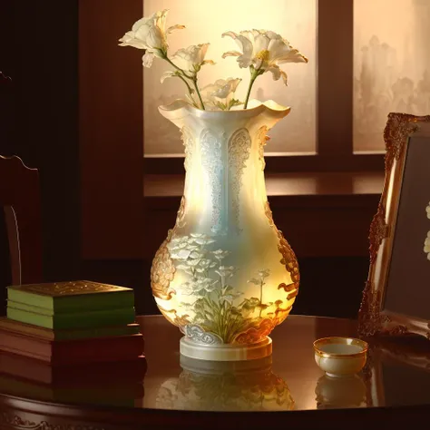 there is a vase with flowers in it on a table