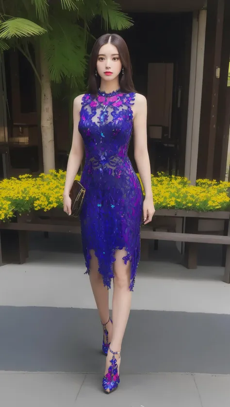 ((((ultra illustrated style:1.0)))),best quality,best animated,masterpiece,ray tracing, global illumination,sp,see-through,head, 1girl, solo, standing, looking at viewer, outdoors, full body,dress,high heels,