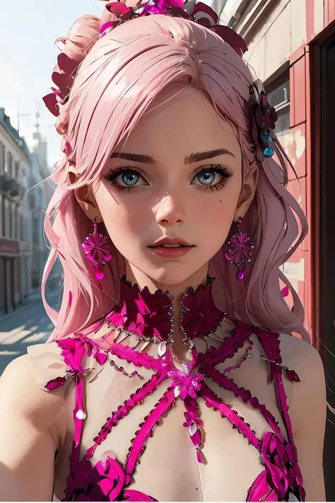 a close up of a woman with pink hair and a pink dress