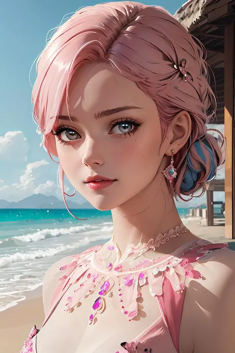 a woman with pink hair and a pink dress on a beach