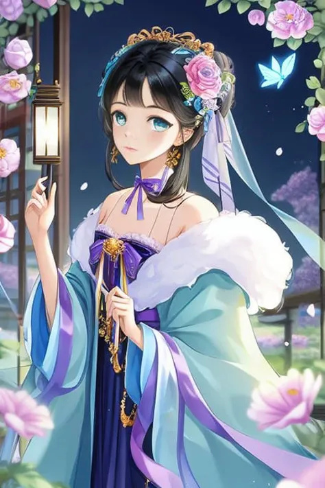 masterpiece, best quality,brilliant light effect ,
1girl,ribbon,Black hair,  (full body:0.6), cyan coat , translucent purple ribbon,delicate face, bare shoulders, brilliant flowers ,(butterfly:0.7),(Chinese architecture background:0.4),(moon:0.6)
 <hyperne...