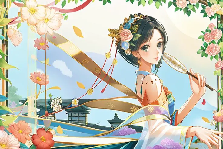 masterpiece, best quality, 1girl,ribbon, (full body:0.8),(White oil-paper umbrella:0.6), (cyan coat:1.0) AND green skirt, blue and gold ribbon,delicate face, bare shoulders, Brilliant flowers ,(butterfly:0.7),(Chinese architecture background:0.4)
 <hyperne...