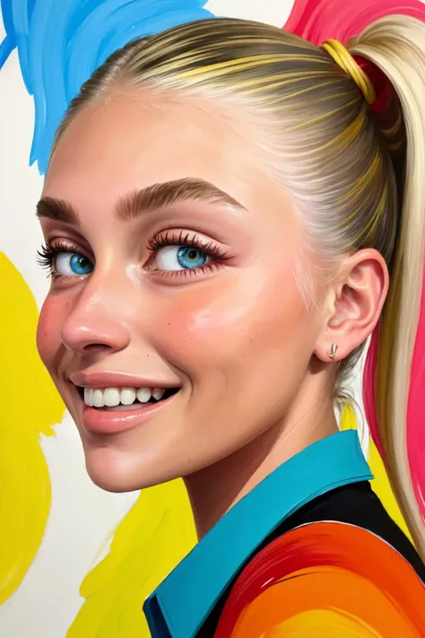 a painting of a woman with a ponytail and a colorful shirt