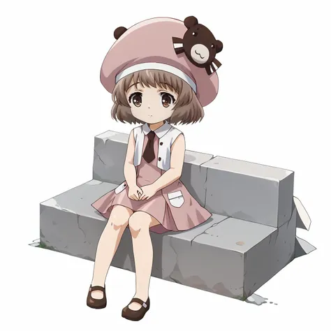 anime girl sitting on a stone bench with a teddy bear