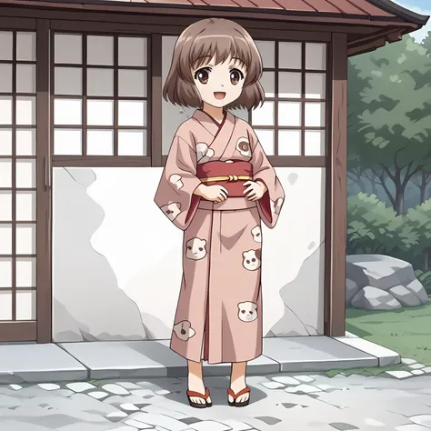 anime girl in a kimono standing in front of a building