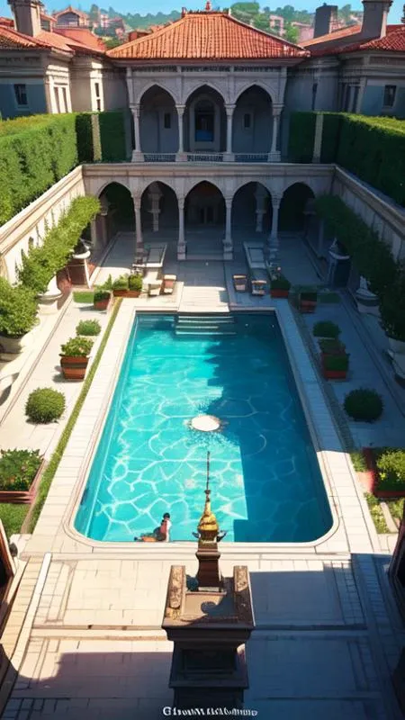 aerial view of a palace garden with pools leading to a roman palace, glorious, epic scene, beautiful, in the style of artgerm, makoto shinkai, atey ghailan and mike mignola, vibrant colors and hard shadows and strong rim light, plain background, comic cove...