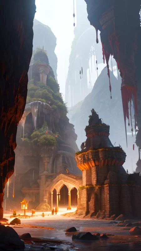 a fantasy elven city inside a dark and rainy cave, viewed from a distance, buildings carved out of stone, archways between stalagtites, dripping stalagtites, detailed buildings, 4 k digital art, trending on artstation, high quality,