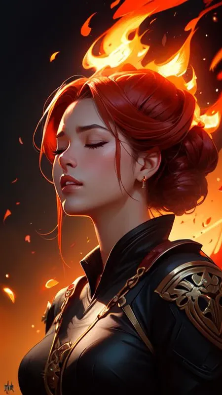 a beautiful portrait of a fire goddess with closed eyes by greg rutkowski and raymond swanland, trending on artstation, flaming background, ultra realistic digital art