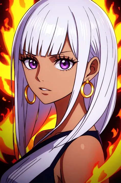 1girl, wanostyle, white hair, hime cut, bangs, fire, a girl with white hair and blue eyes wearing a white dress and black wings in front of a dark background with fire behind her, boa hancock,  bare shoulders, closed mouth, dark-skinned female, (dark skin)...