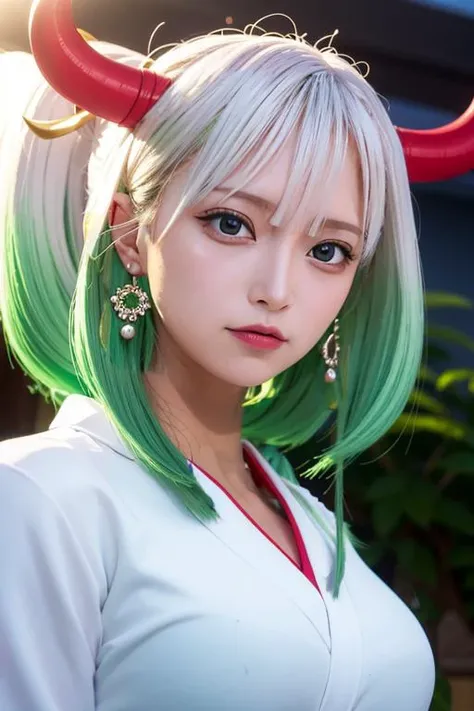 1girl, yamato_5000, white hair, green hair, gradient hair,  horns, wanostyle, ring earrings, ((masterpiece)), ((best quality)), extremely detailed, bloom, white kimono, traditional clothing, depth of field, sketch, dark intense shadows, sharp focus, soft l...