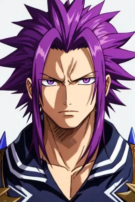 (((best quality))), ((masterpiece)), rating:safe, a man with long spiky purple hair standing with his arms crossed, shoulder pads, purple hair, long hair, ((spiky hair)), full body, male focus, 1boy, simple background, (((face focus))), monkey tail,  <lora...