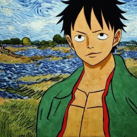 wanostyle,  portrait of monkey d luffy from one piece, straw hat, smirk, scar under eye, Van Gogh style (<lora:wanostyle_2_offset:1>)